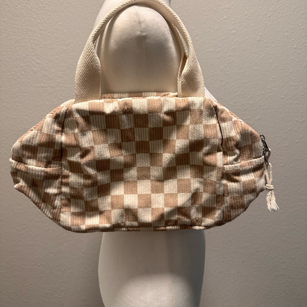Elegant Checkered Tan and Cream Cosmetic Bag